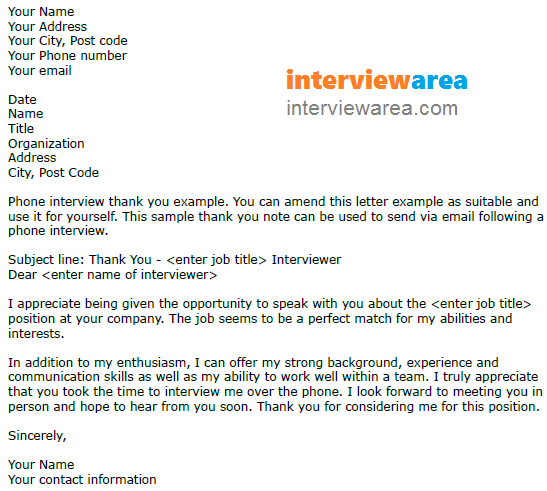Thank You Letter After Phone Interview Sample from interviewarea.com
